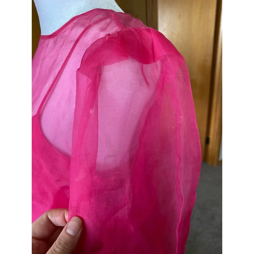Cinq a Sept Katerina 100% Silk Sheer Hot Pink Puff Sleeve Blouse Top Small Luxe - Picture 9 of 9